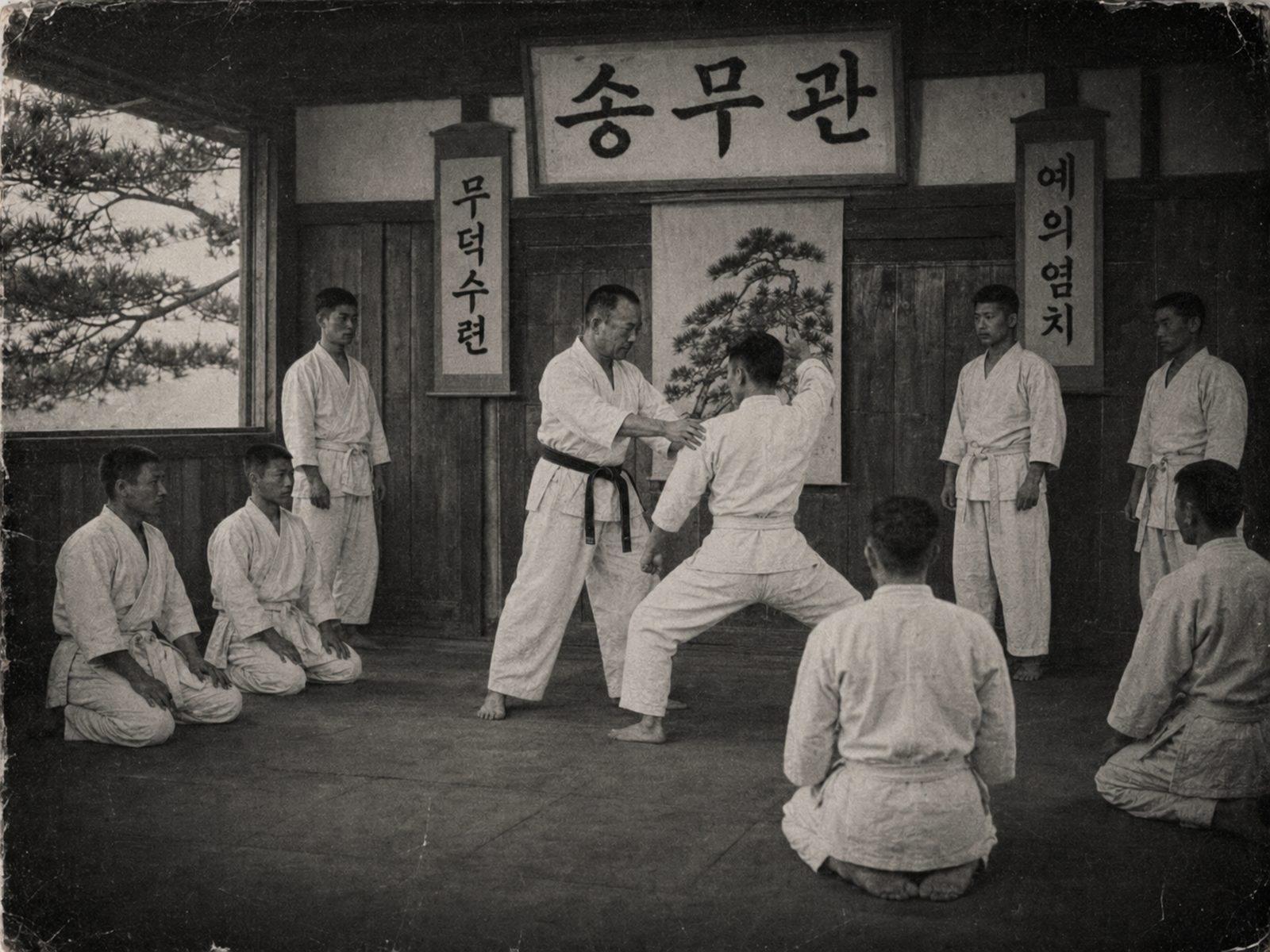 Historische Aufnahme eines Song-Mu-Kwan-Dojang: ein Meister zeigt eine Technik, Schüler knien im Halbkreis, an der Wand die Schriftzeichen für Song Mu Kwan, martialische Tugend und Höflichkeit.